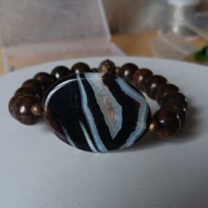 Handmade Black & Brown Agate & Bronzite Beaded Bracelet